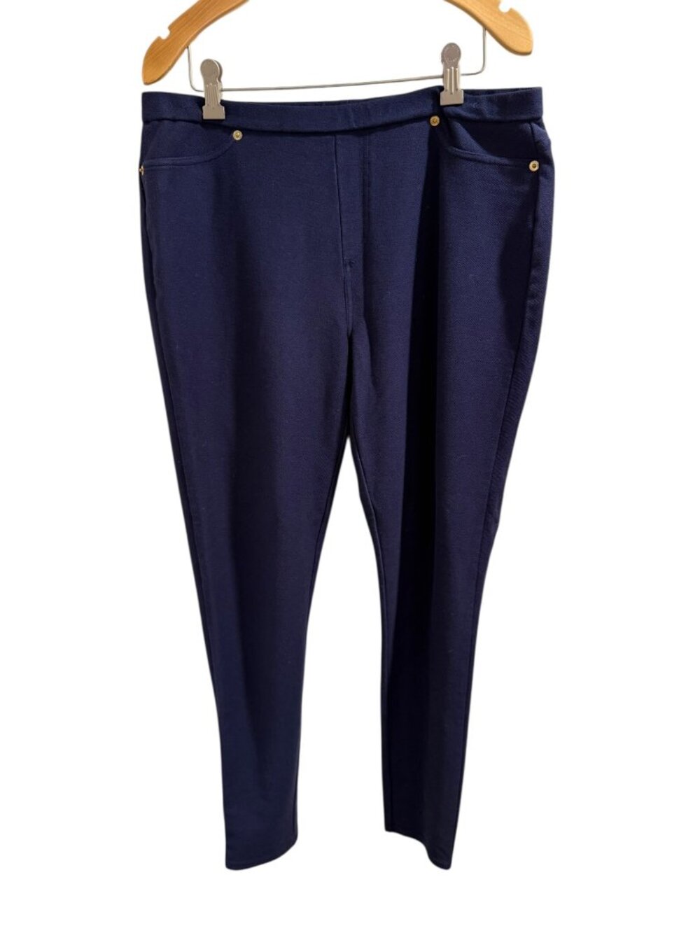 Michael Kors Womens Navy Stretch Slim Fit Trousers With Gold Accents Size L
